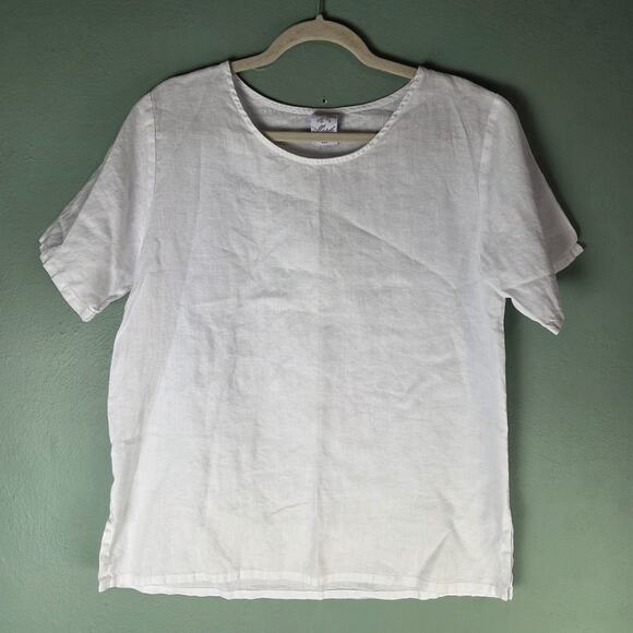 Match Point Womens White Round Neck Short Sleeve Linen Top Lightweight Summer - Picture 1 of 4